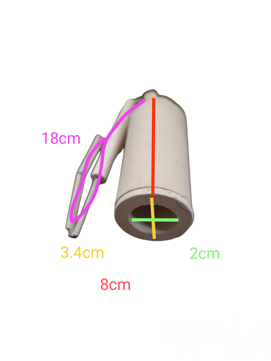 500W ceramic soldering iron element white cylindrical with metal clamp and dimension markings