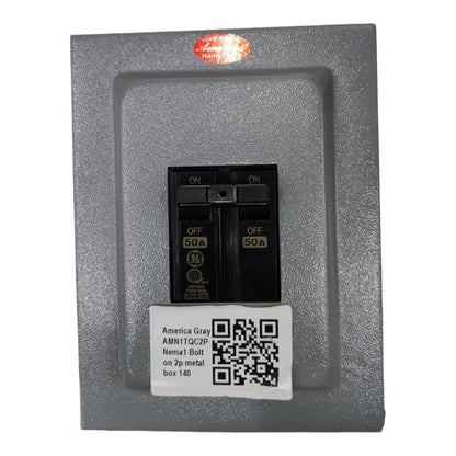 Electrical panel with breaker and label on a white background 50A 2pole Bolt On circuit Breaker with Nema 1 Metal Enclosure Available at Electx Electrical Supply