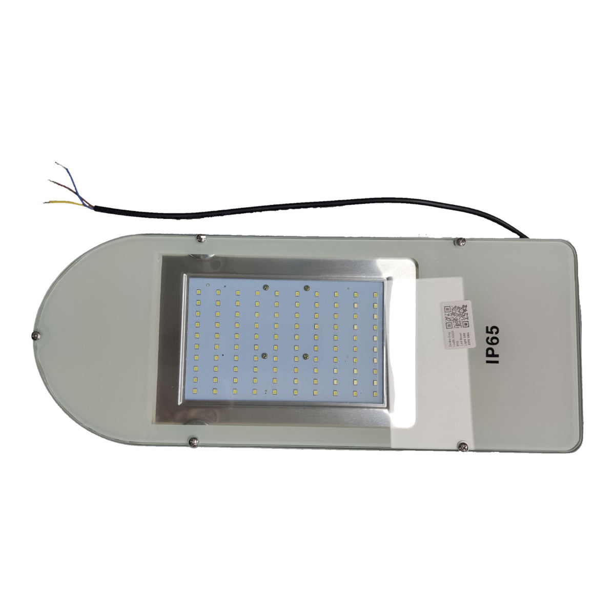 Street light fixture with visible wiring on a white background