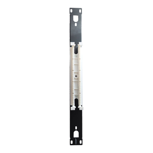 A vertical black metal mounting bracket with a white plastic connector strip in the center, isolated on a white background.