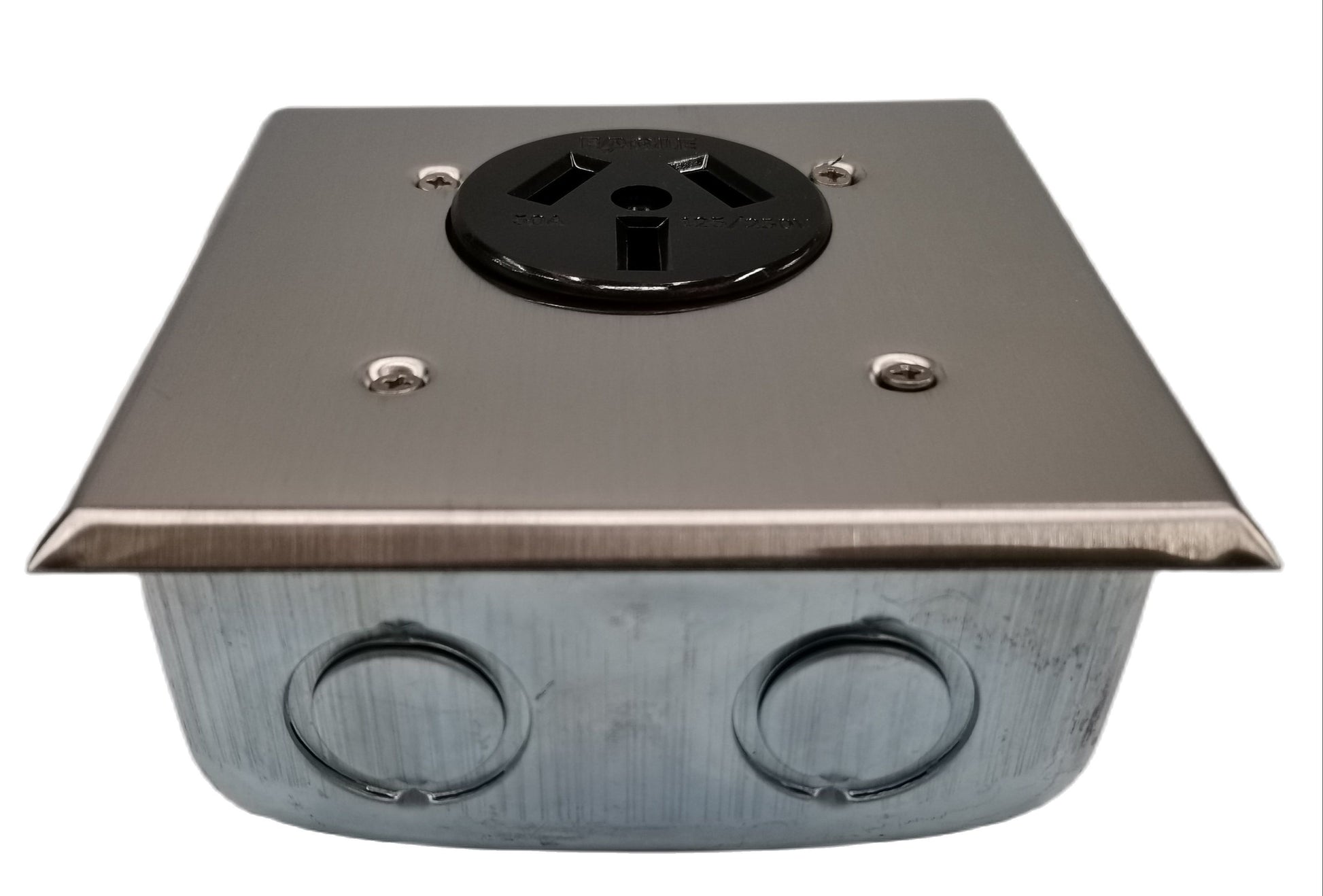 Eagle 50A 250V range outlet with metal box featuring stainless steel faceplate and black socket