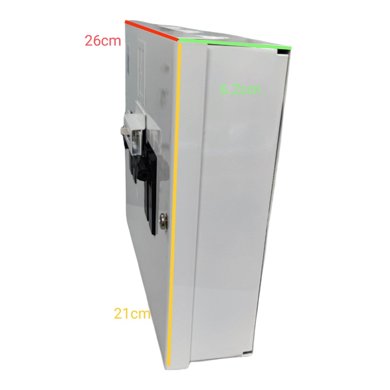 50A MTS 2 pole single phase switch featuring compact design with dimensions 26cm x 21cm x 6.2cm for electrical systems