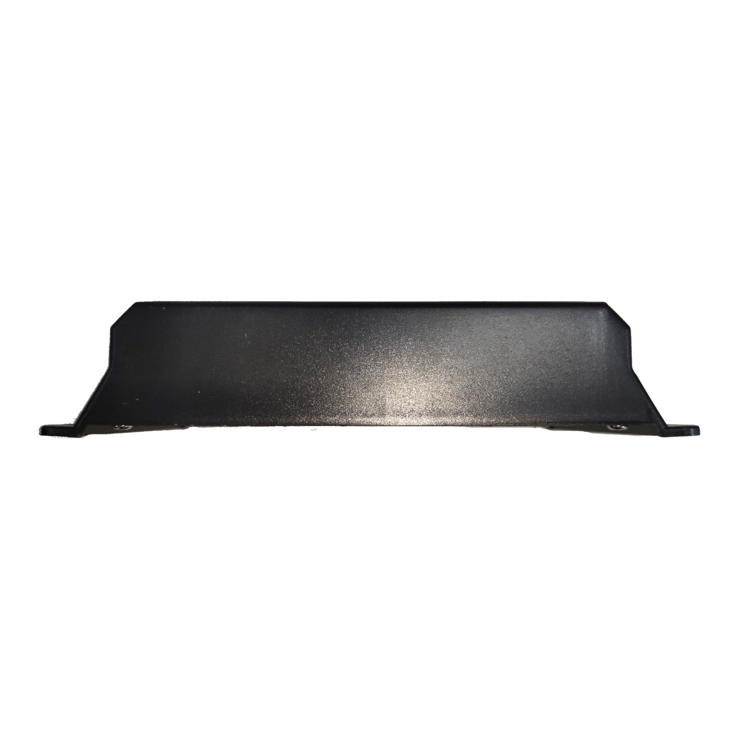 A black metal automotive bumper cover or splash guard, shown horizontally against a plain white background.