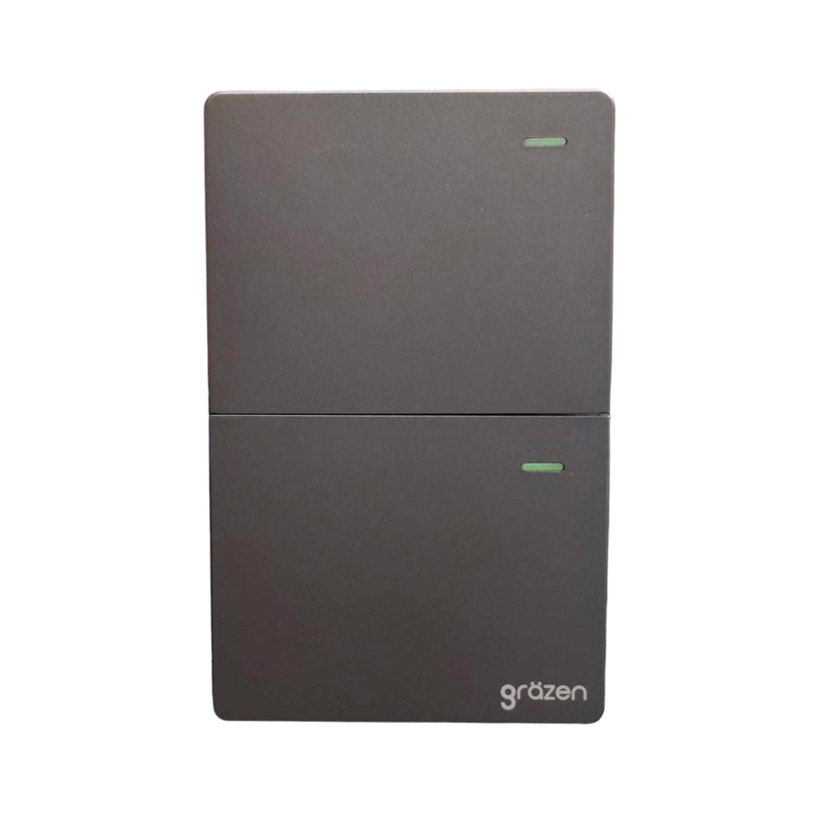 A dark gray two-door electronic device, likely a power supply or control unit, with a split horizontal design and a small green indicator light on each door. The brand name 'grözen' is printed in white near the bottom right corner of the lower door, set against a plain white background.