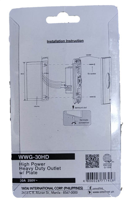 Omni 30A Twistlock Outlet with Plate 220V , 30A Twist Lock Outlet with Plate Cover 2P+E WWG-30HD, High Power Heavy Duty Outlet with Plate