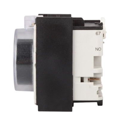 A close-up of an electrical contactor or relay component, showing a black central body, a white terminal housing marked '67' and 'NO', and a clear plastic cover on the left side, isolated on a white background.