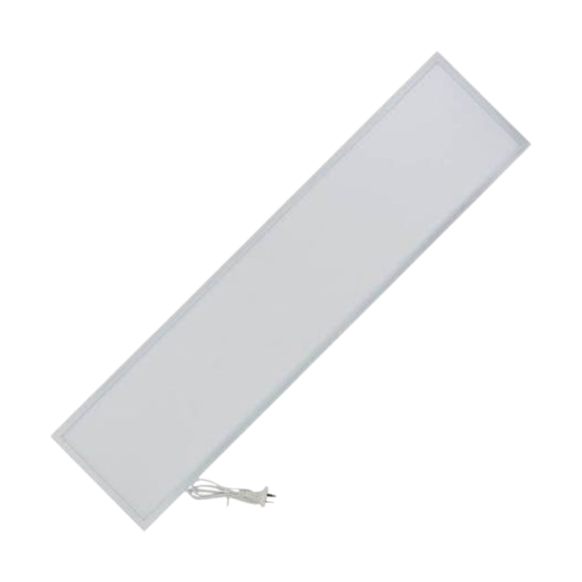 A rectangular LED panel light with a white frosted face and a visible power cord, shown diagonally on a plain white background.