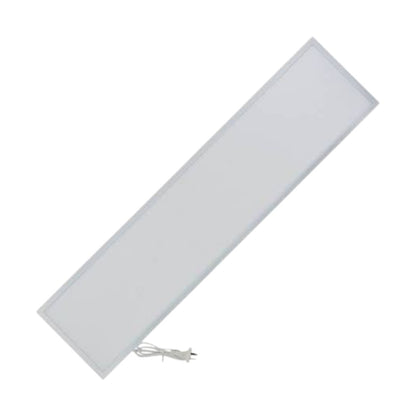 A rectangular LED panel light with a white frosted face and a visible power cord, shown diagonally on a plain white background.