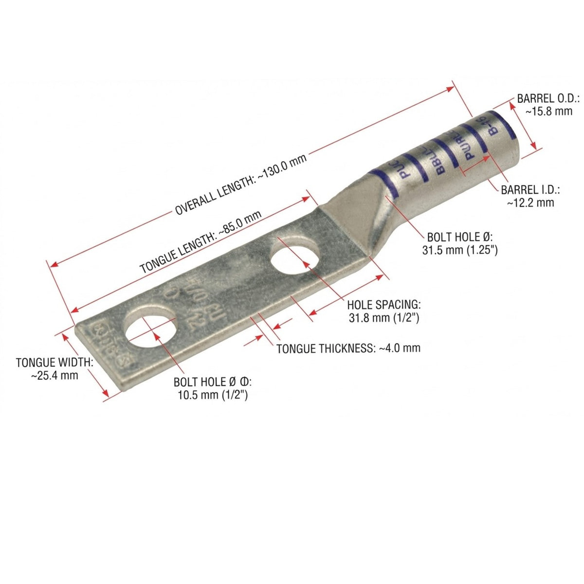 Pennunion 400MCM Terminal Lugs Double Hole 200mm Long Barrel 5/8 Stud Size Crimp Type (BBLU-040D)