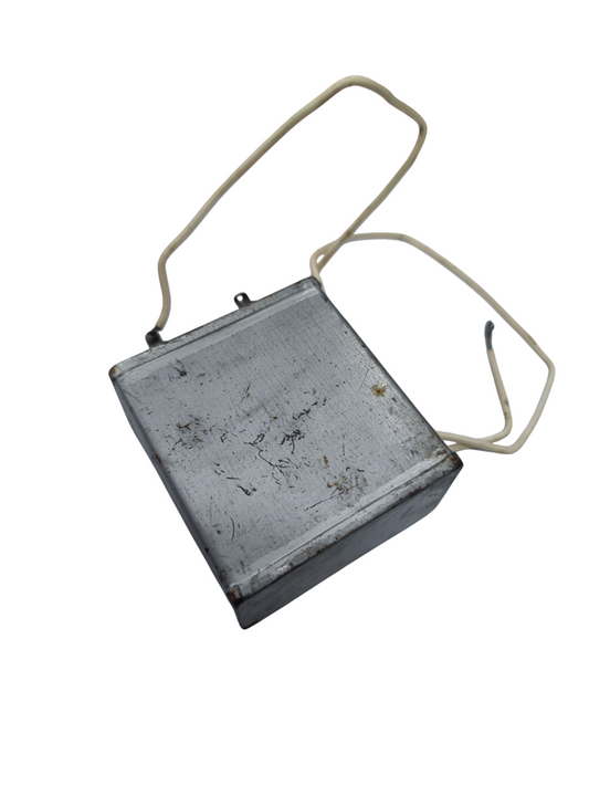 Towa 5uF 350VAC capacitor Condenser Type with metal casing and wire leads for electrical applications