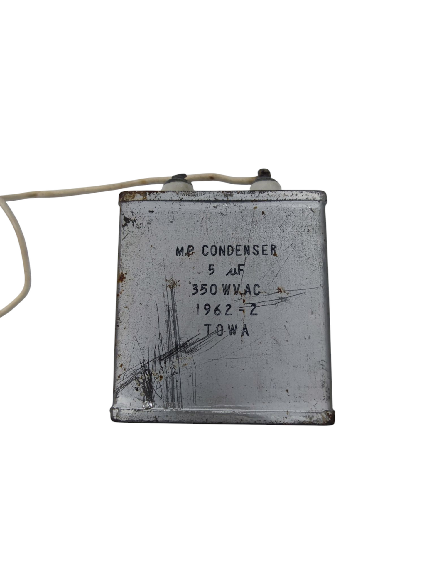 Towa 5uF 350VAC capacitor Condenser Type with metal casing and terminals for electrical applications