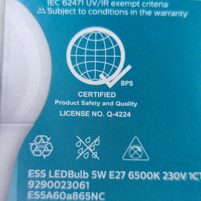 Philips 5W LED bulb E27 daylight 220V 6500K packaging with safety certification symbols