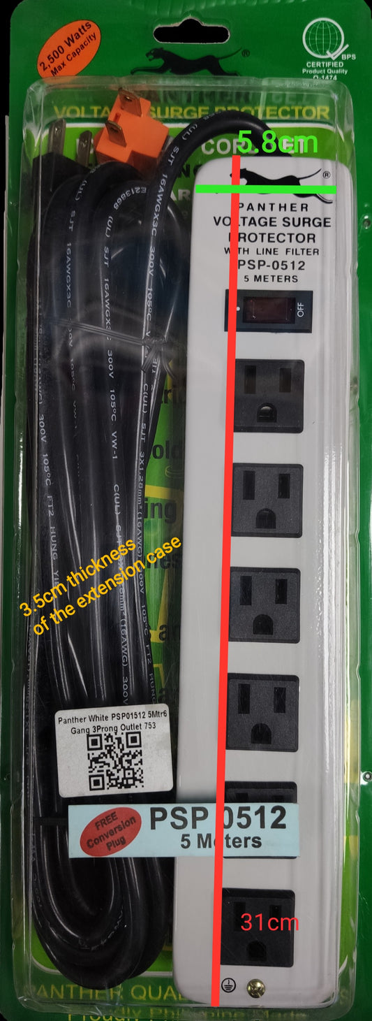Panther 6 gang extension cord 5 meters with surge protector and long black cable