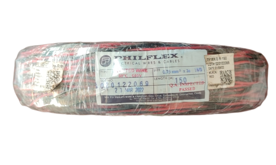 Philflex TF Wire AWG 18/2 (0.75mm/2) Stranded (Hook Up Wire/ Thermoplastic Fixture Wire) Red/ Black Twisted Wire 150 Meters per roll