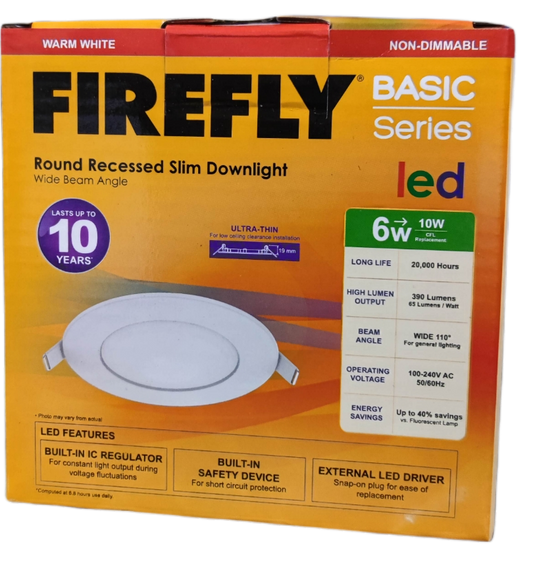 Firefly 6W LED Round Recessed Slim Downlight 220V Warm White 120mm