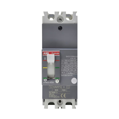 ABB SH203 C63 400V modular circuit breaker with a black front handle and red brand strip, shown on a plain white background.