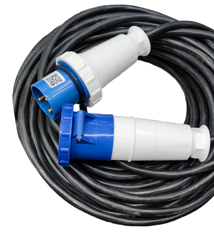 Grippes and Phelps Dodge 63A industrial plug and socket with long black heavy-duty cable