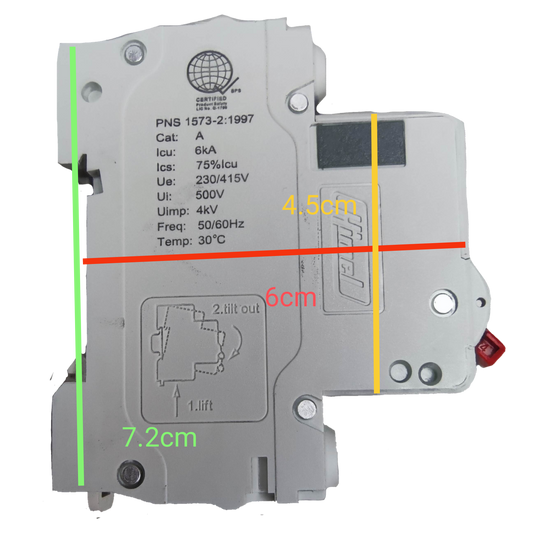 Electx Electrical Supply 63A miniature circuit breaker with white casing and technical specifications