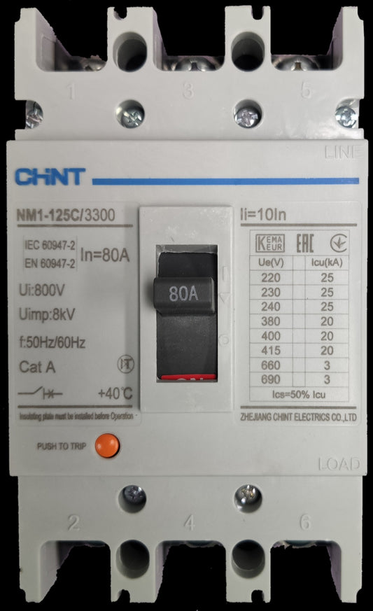 Chint 80A 3 Pole Industrial Circuit Breaker 3 Phase 125AF 20 KAIC 400VAC NM1-125C/3300/80A , Circuit Breakers