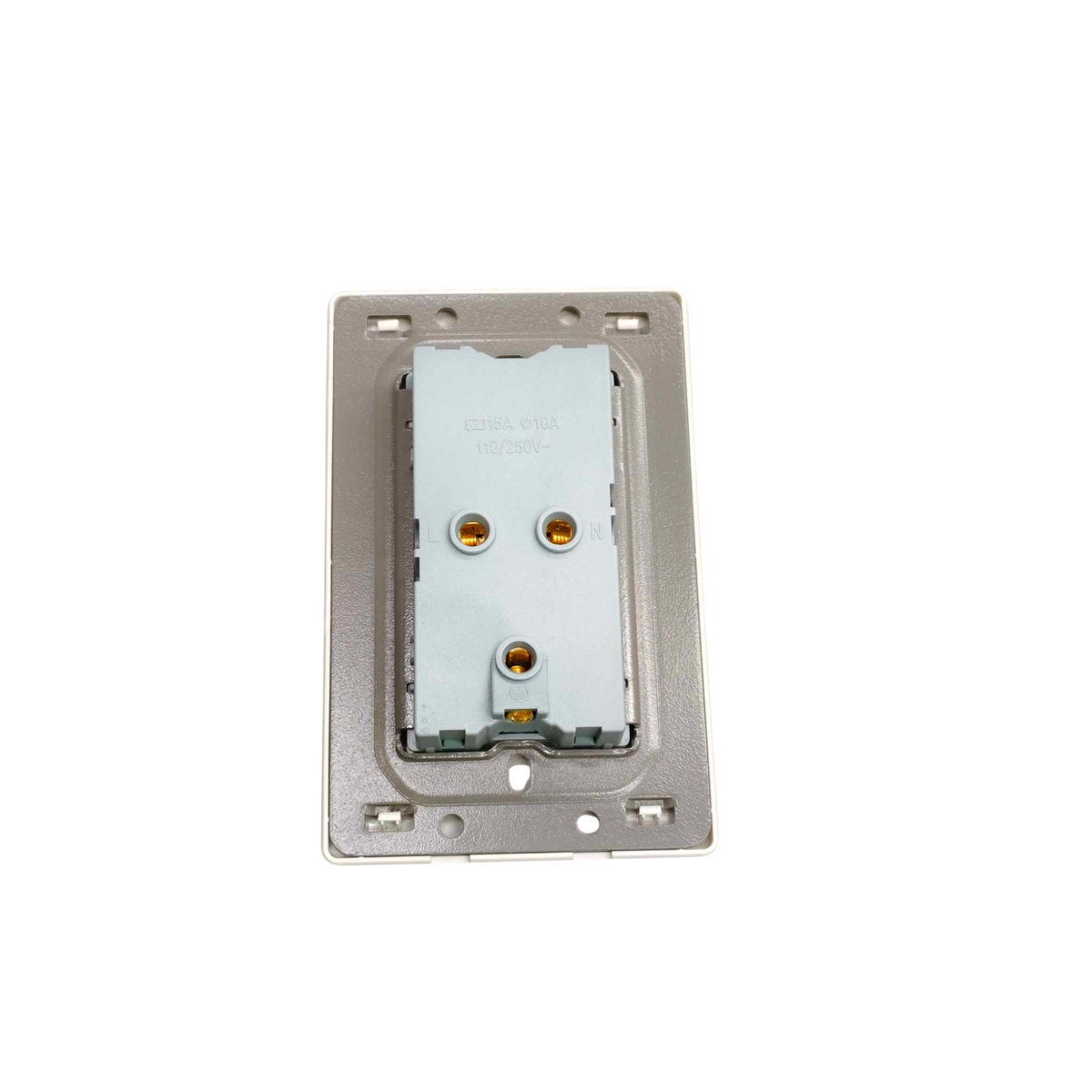 A silver metal electrical outlet plate with a light blue-gray internal socket cover, featuring two gold-colored screw terminals, shown against a plain white background.
