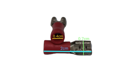 Two 6mm insulated spade connectors Type showing measurements for clear identification and application