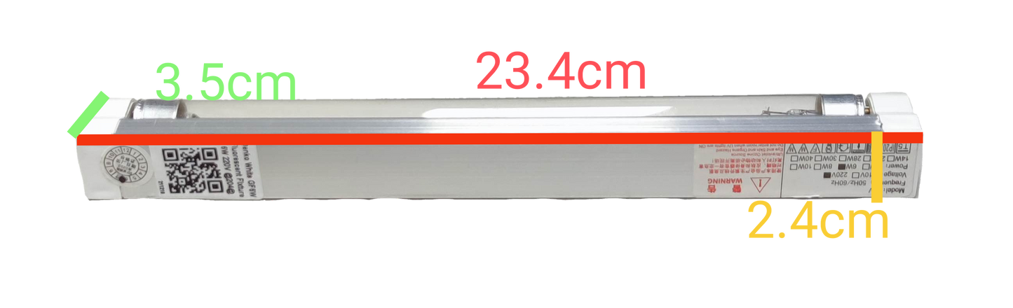 Denko 6W T5 germicidal tube with fixture measuring 23.4 cm length and compact design