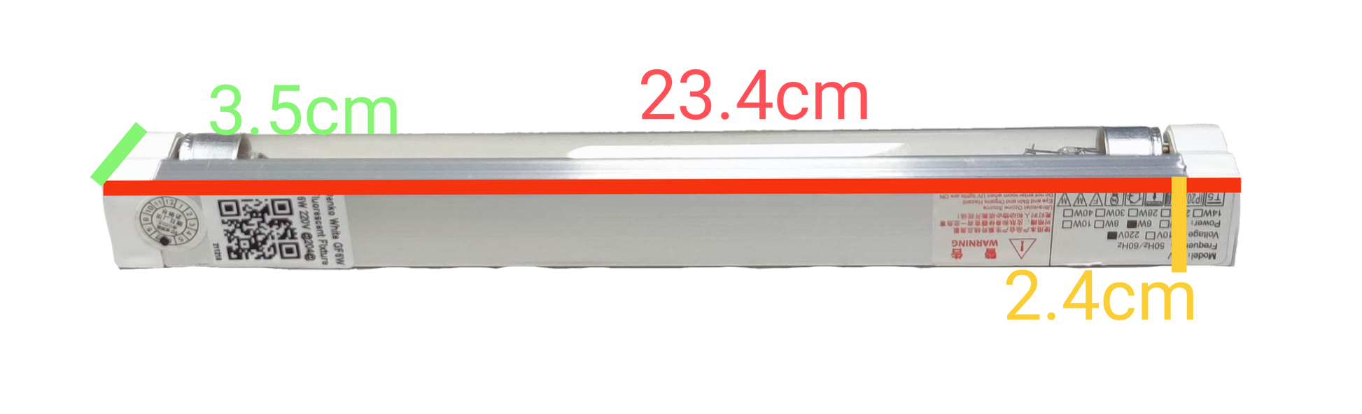 Denko 6W T5 germicidal tube with fixture measuring 23.4 cm length and compact design