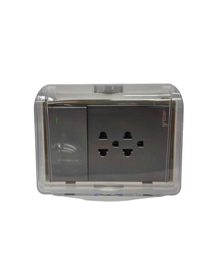 Grazen Weatherproof Cover with 1 Gang 1 Way Device with 2 Gang Universal Outlet with Ground 16A 220V WC-019-W+GW-008