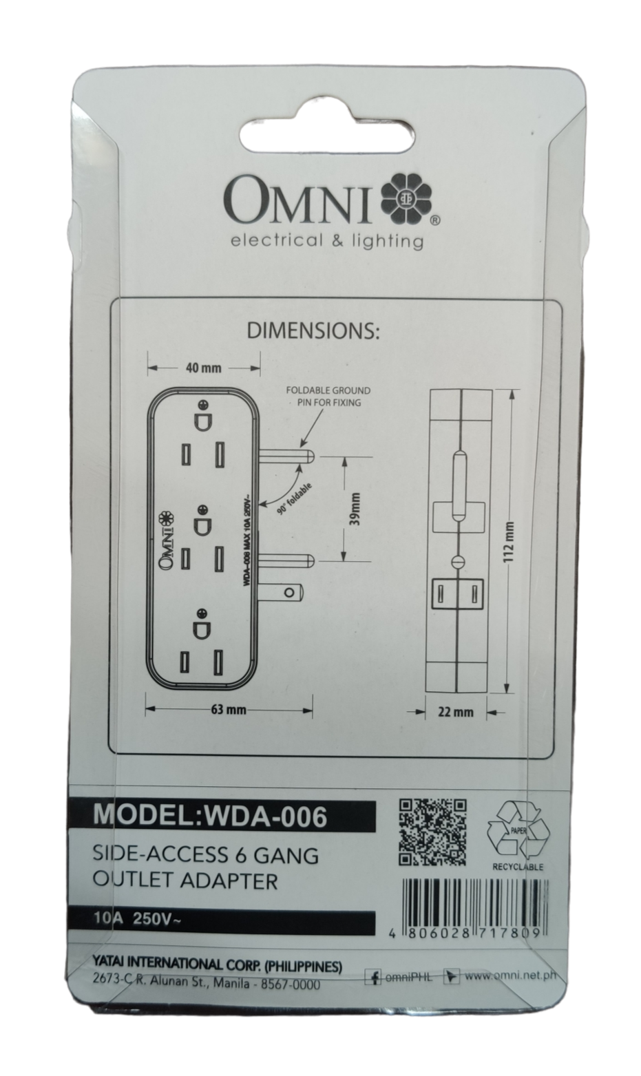 Omni 6 Gang Outlet Adaptor 10A 250V WDA-006
