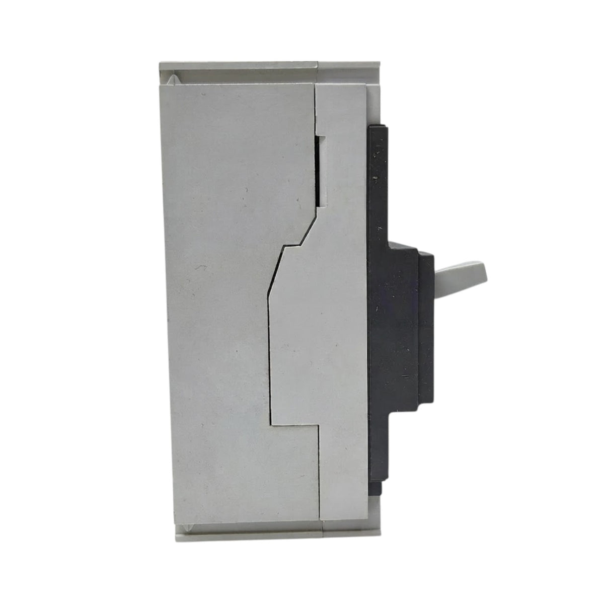 A close-up of a metallic silver and black mechanical component or switch assembly on a plain white background.