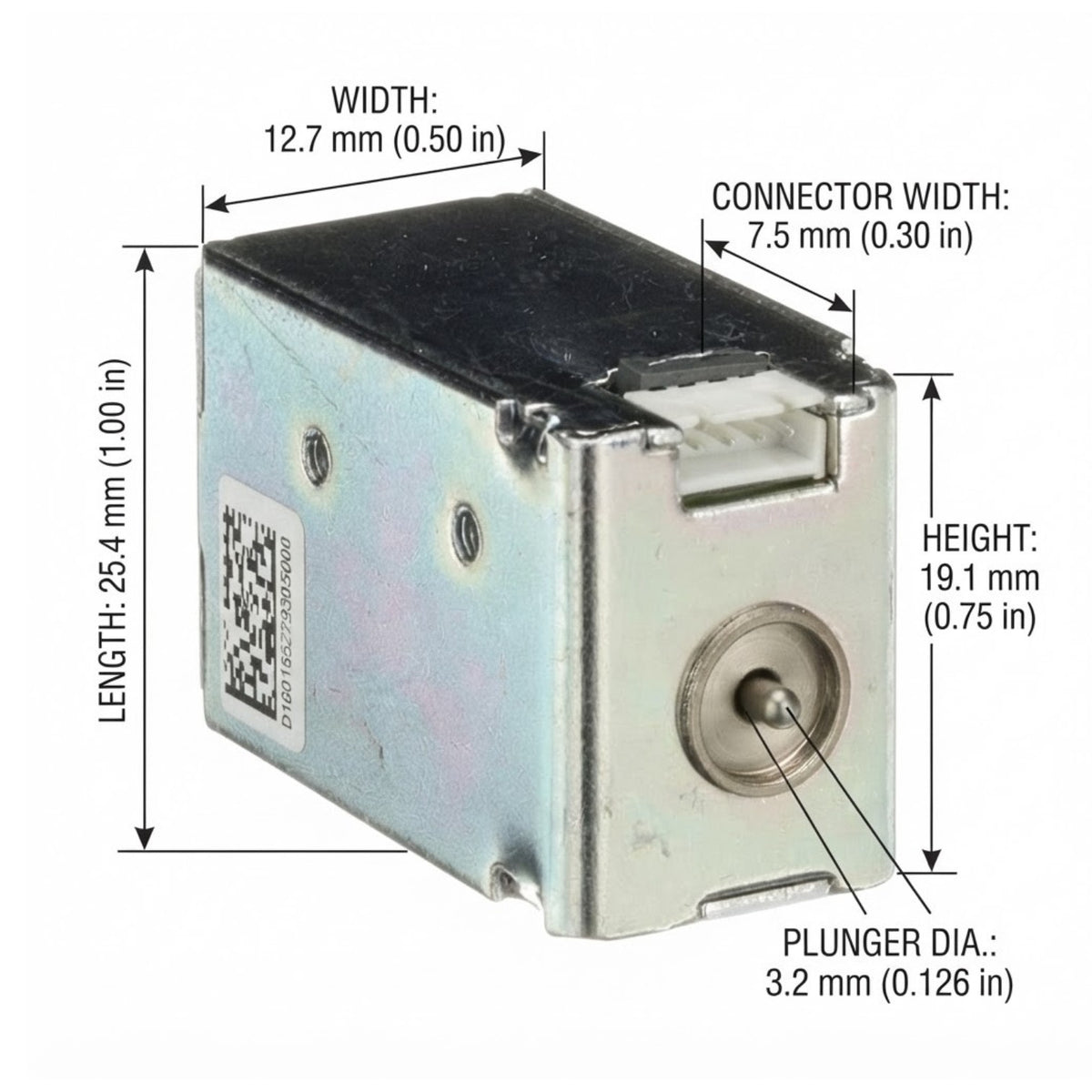 Technical dimension diagram of a small metal plunger valve component on a white background, showing width, height, connector width, and plunger diameter with measurement arrows and labels.