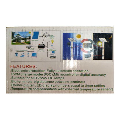 A product box or packaging insert with printed feature diagrams and text. The left panel shows a solar lamp system diagram with a solar panel, battery, controller, and lamp.