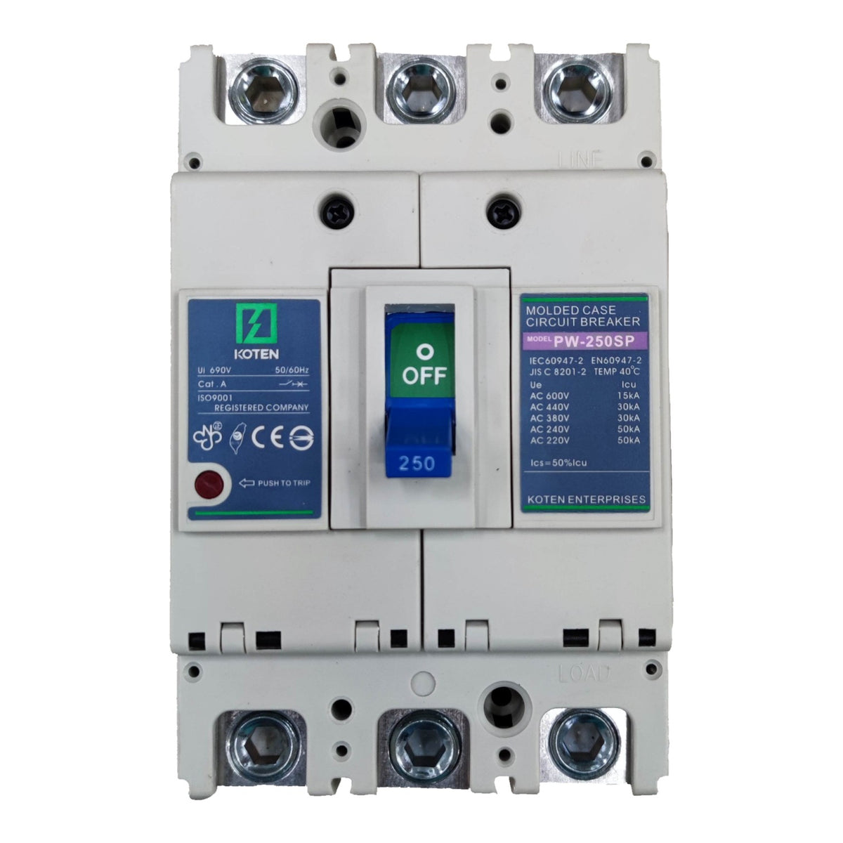 Koten 250A 3P Molded Case Circuit Breaker Three Phase MCCB Industrial Circuit Breaker 3 Pole Three Phase Circuit Breakers 25KAIC 250V PW-250SPS250A3P
