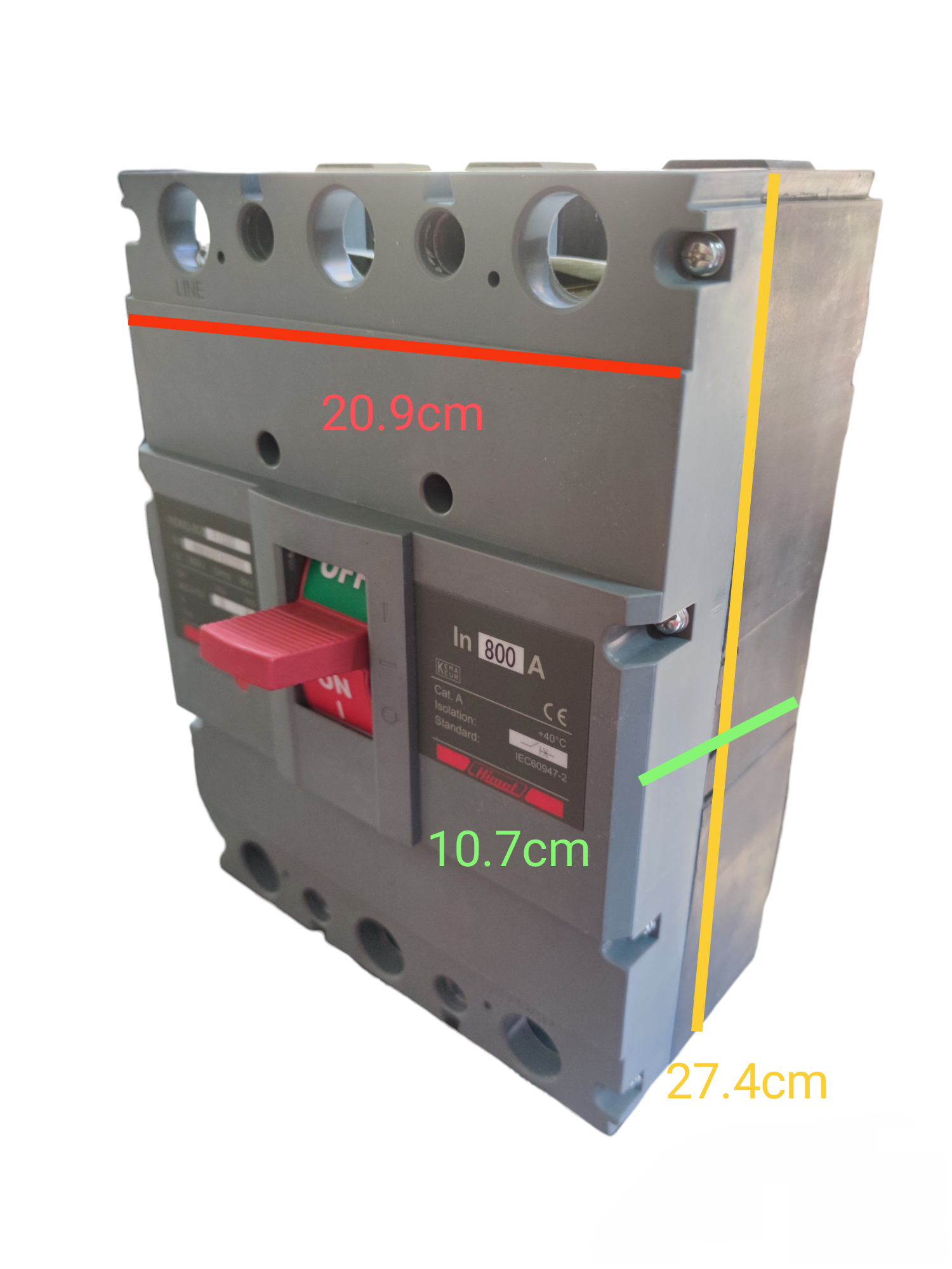 Himel 800A Industrial Circuit Breaker 3 Phase electrical component with red switch and compact design