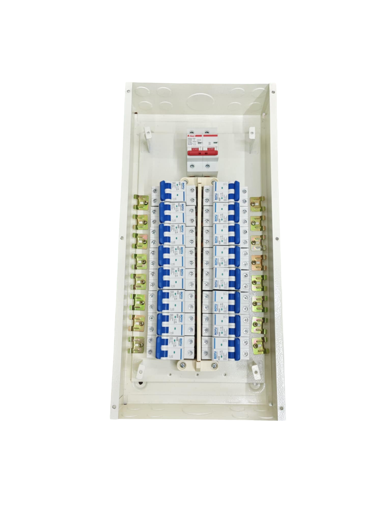 80A 2 pole panel board electrical circuitry part with multiple switches and connectors in white casing