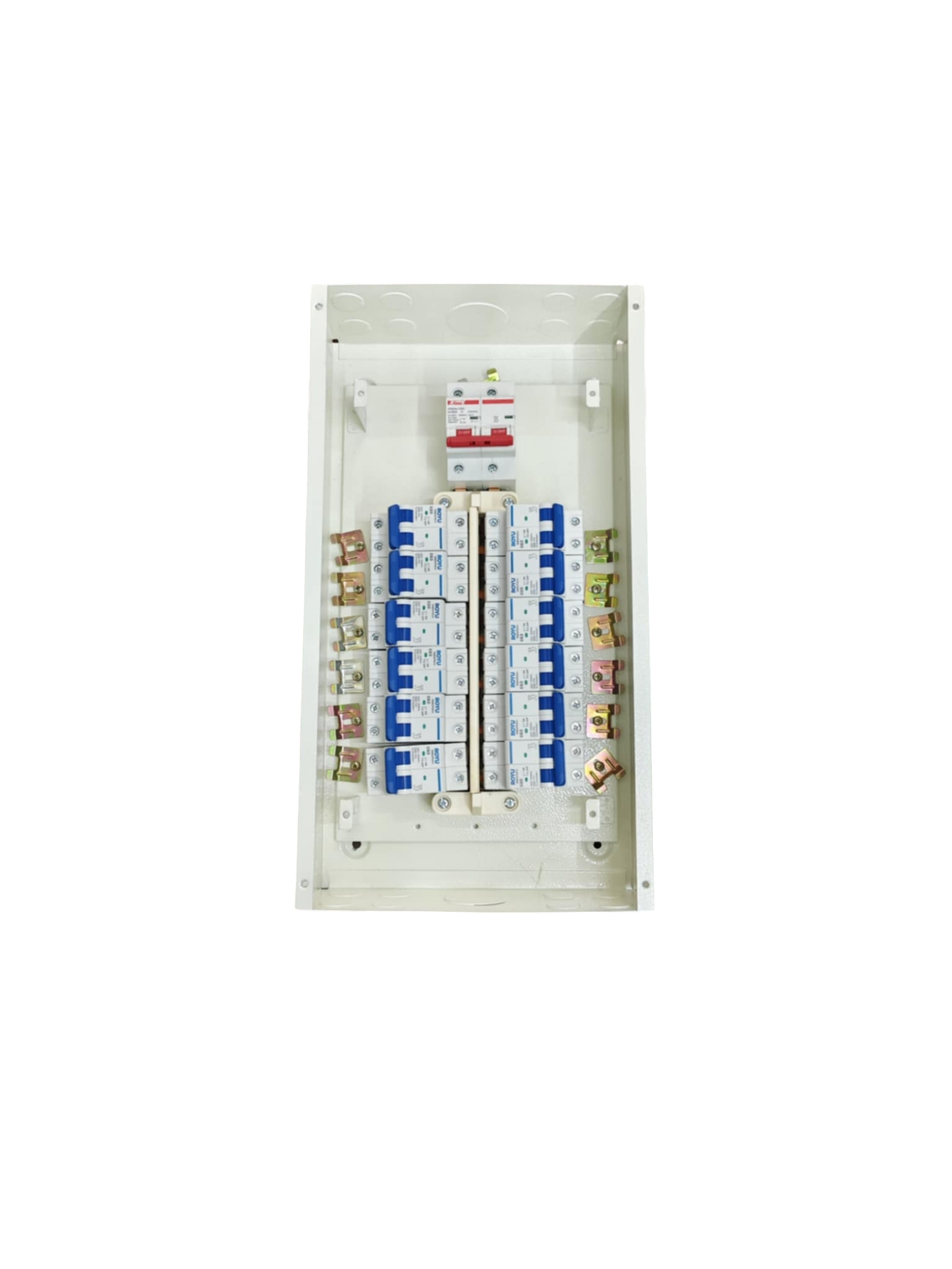 80A 2 pole panel board electrical circuitry part with multiple circuit breakers inside a white metal box