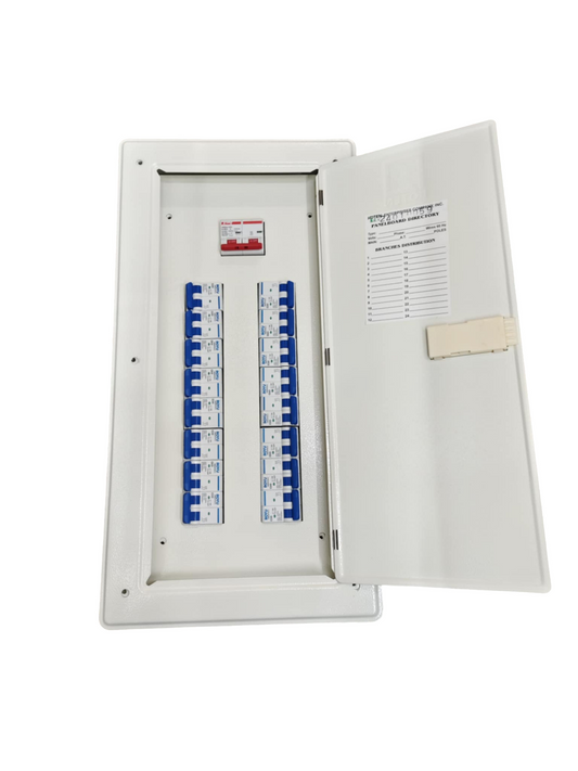 80A 2 pole panel board with multiple circuit breakers and open white door in electrical panel