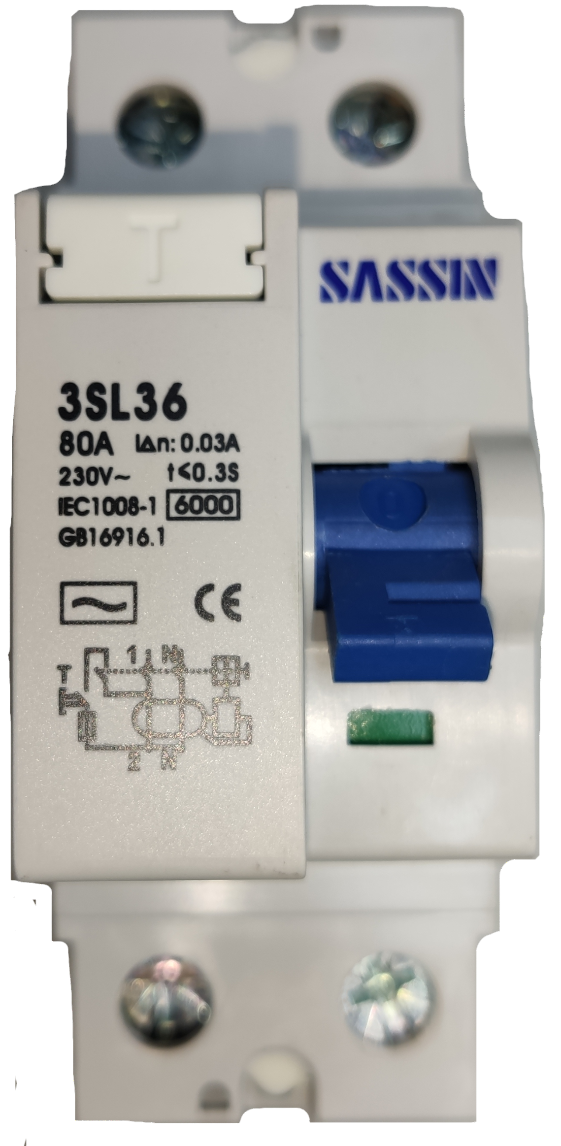 Sassin 80A 2P Residual Current Circuit Breaker with blue switch and electrical ratings printed