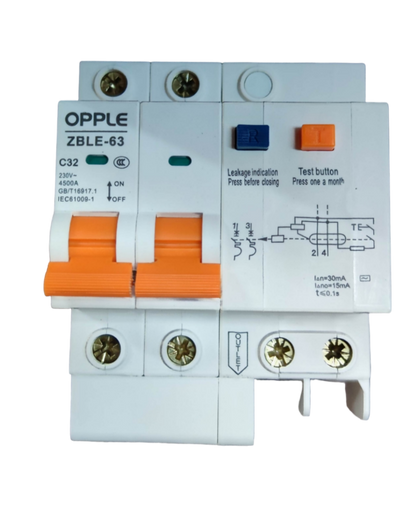 OPPLE 32A 4.5 KAIC 30mA 2P+N 220V ZBLE-63C32,  ELCB, RCB RCBO RCCB Earth Leakage Circuit Breaker Residual Circuit Breaker