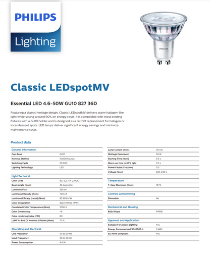 Philips 4.6W GU10 MR16 LED 220V Warm White 3000K or 2700K, 4.6W LED Warm White GU10 MR-16