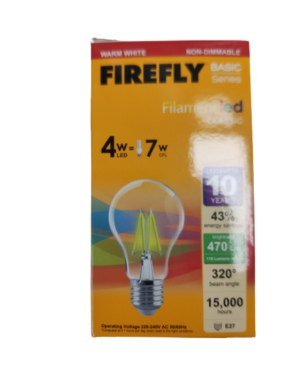 Firefly LED Filament Bulb Warm White 4W E27 220V, 4W LED Bulb A60
