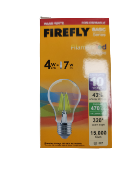 Firefly LED Filament Bulb Warm White 4W E27 220V, 4W LED Bulb A60