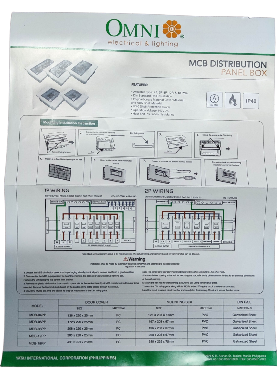 Omni 6 Ways Distribution Panel Box MDP-06PP Recessed Type Distribution Panel for Miniature Circuit Breaker