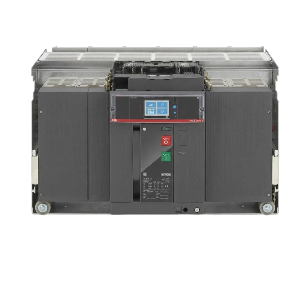 A large industrial electrical switchgear unit, specifically a Siemens MSRP 2400A 4-pole circuit breaker with an integrated digital HMI control panel, shown from the front against a white background.