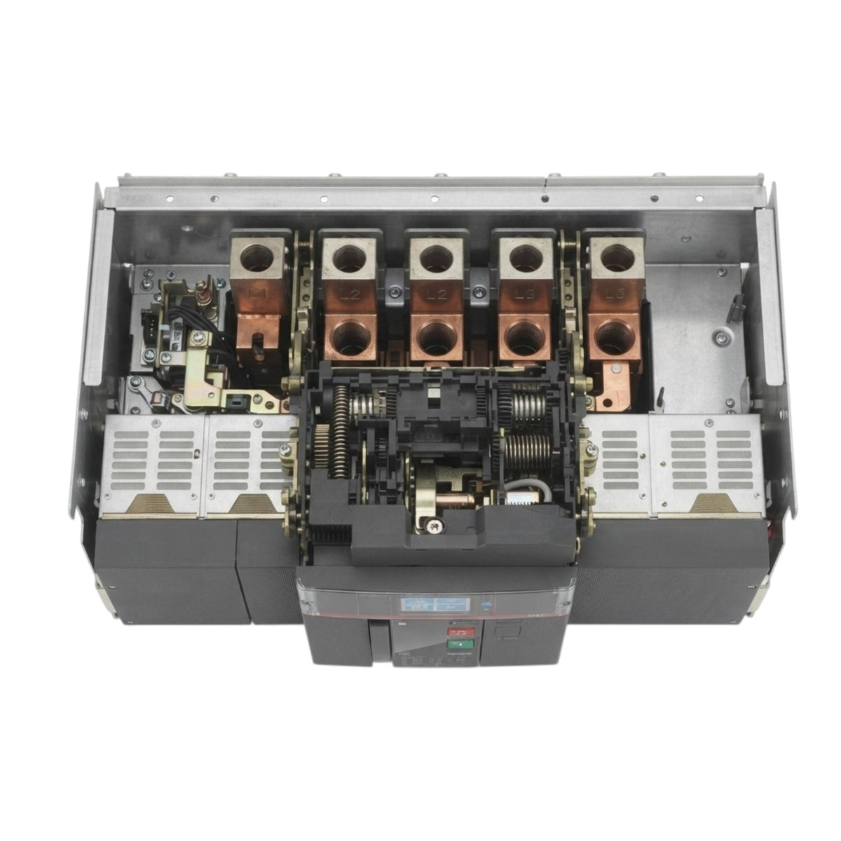 An industrial electrical component, likely a high-current circuit breaker or transformer, shown from a top-down perspective with its outer casing removed to reveal the internal mechanical and electrical assemblies, including copper-colored terminal blocks and metal springs, on a solid white background.
