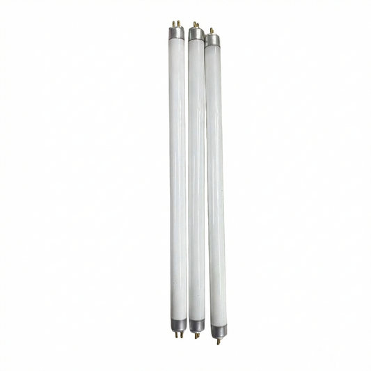 Three fluorescent light bulbs on a white background