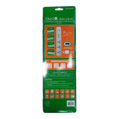 Omni 3 Gang  Extension Cord With 3 USB Outlet 3 Gang Universal Outlet and 3 USB with 1 Main Switch 2500W 2.1A USB 5V USB-303-PK