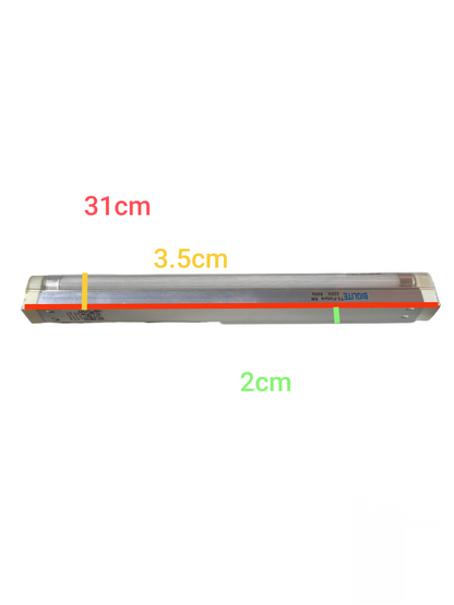Biglite 8W T5 fluorescent tube with fixture showing compact silver lighting tube with measurements