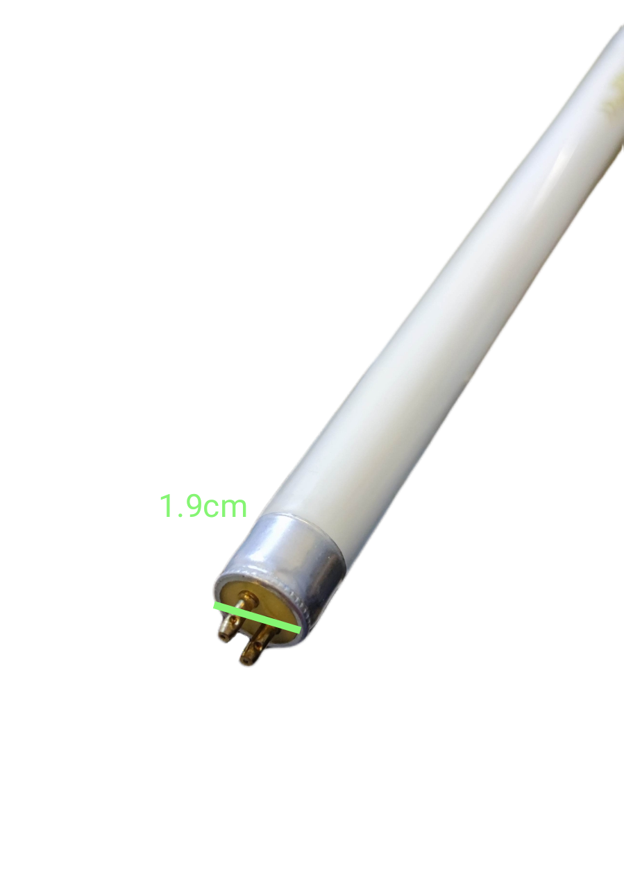 Denko 8W T5 UV fluorescent tube close-up showing pins and end cap on black background