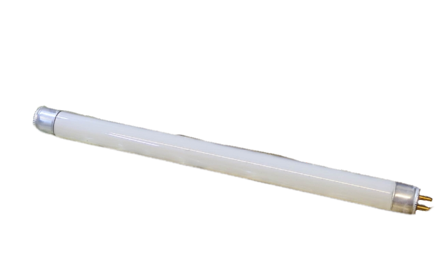 Denko 8W T5 UV fluorescent tube with white glass and metal end caps on black background
